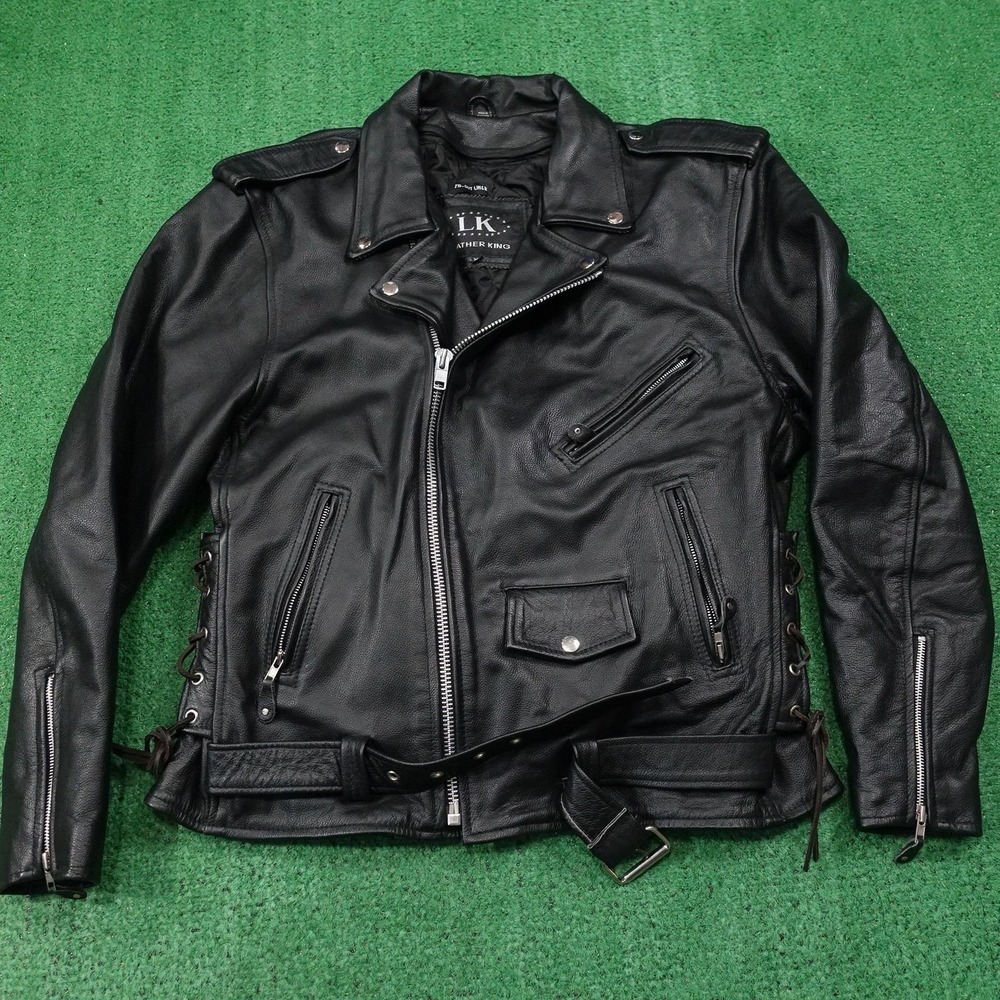 Leather King Jacket Mens XL Black Motorcycle Belted Quilted Lined Zipped Pockets